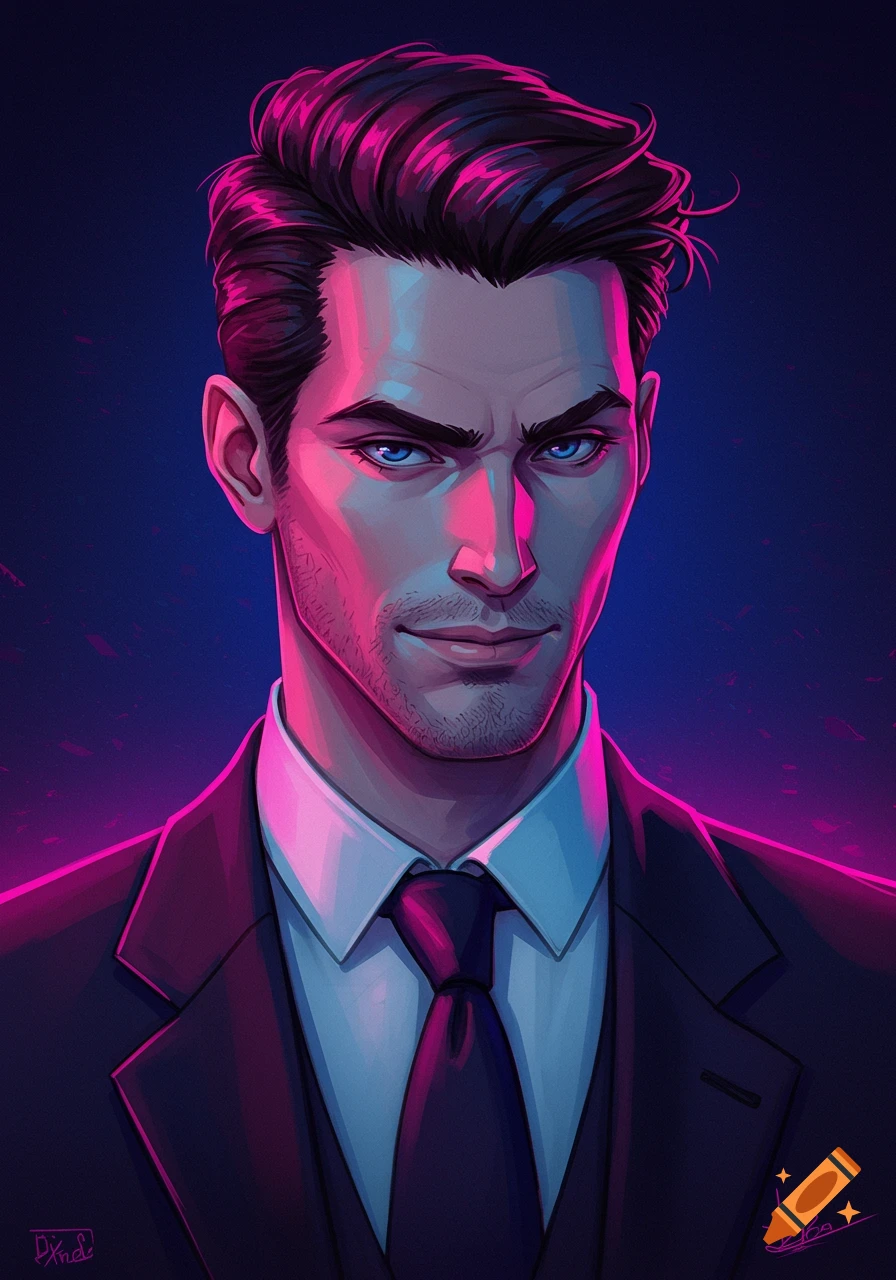 Portrait of a man in a suit with blue eyes and dramatic pink and blue lighting.