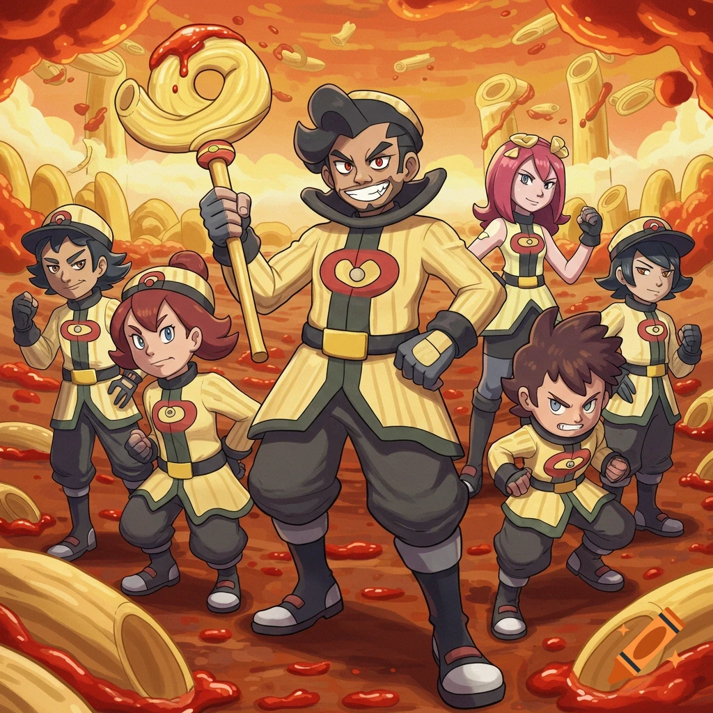 Anime-style villain team in yellow uniforms standing in a world made of rigatoni pasta and sauce.