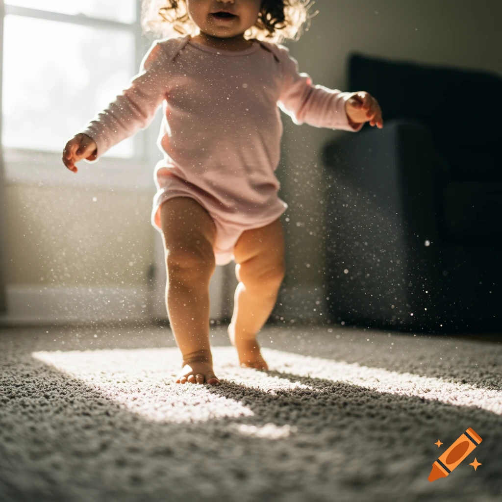 Barefoot toddler walking on a rug in sunlight with dust motes visible in a photorealistic style.