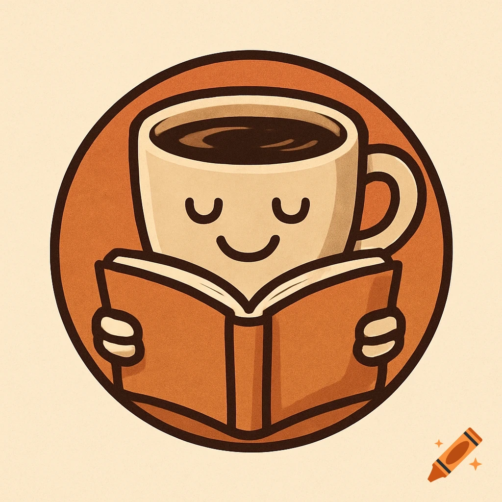 Stylized illustration of a smiling coffee cup reading a book inside an orange circle.