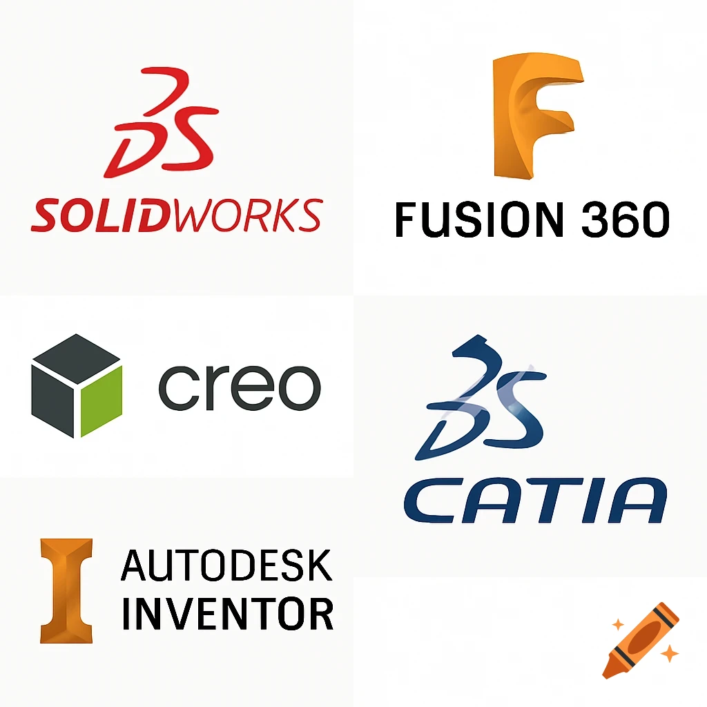 Grid of CAD software logos: SolidWorks, Fusion 360, Creo, CATIA, Autodesk Inventor.