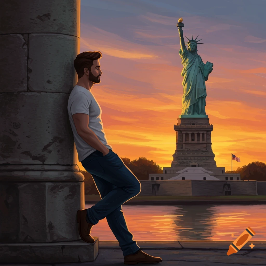 Man leaning on pillar looking at Statue of Liberty at sunset.