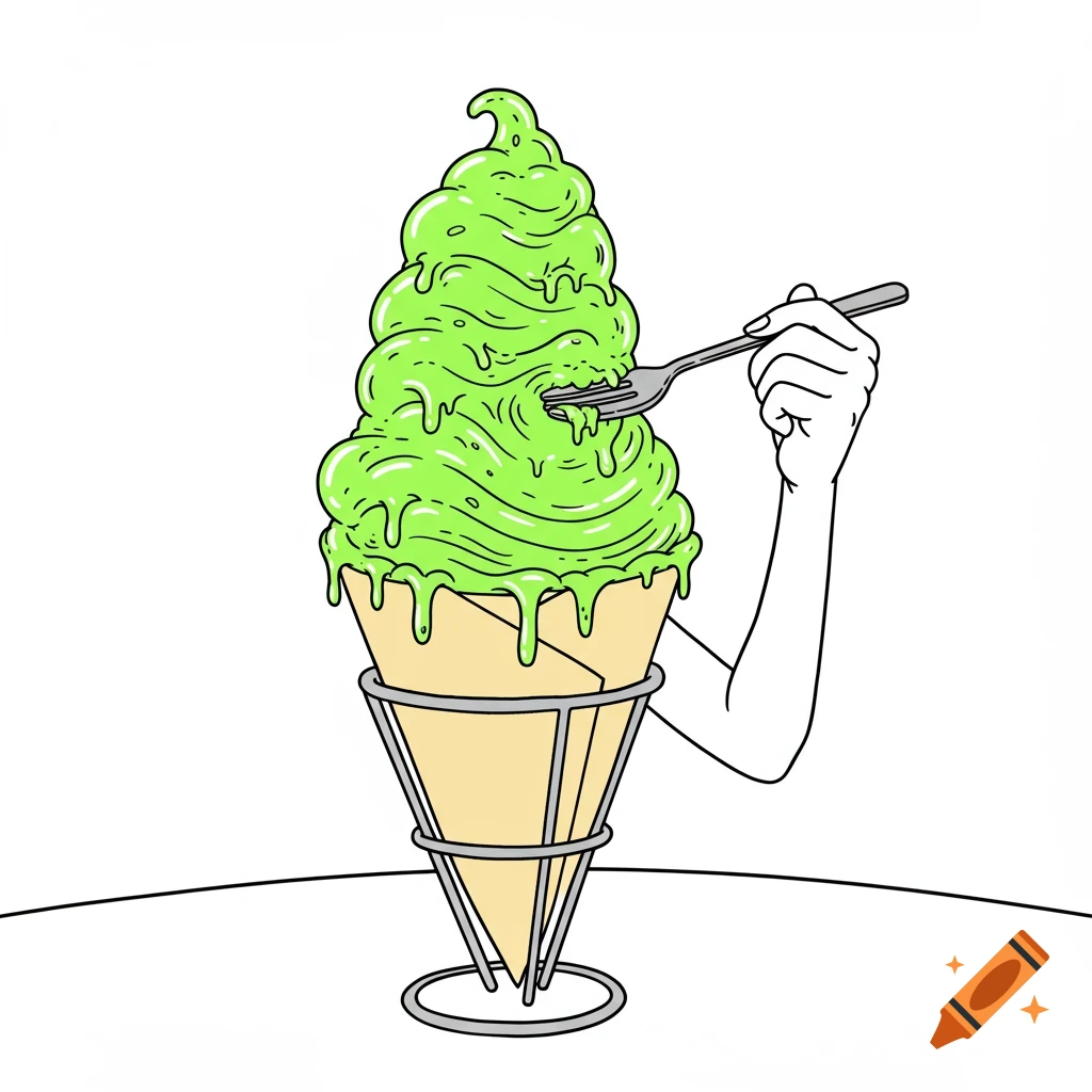 Cartoon illustration of a green drippy monstrosity in a cone being eaten with a fork.
