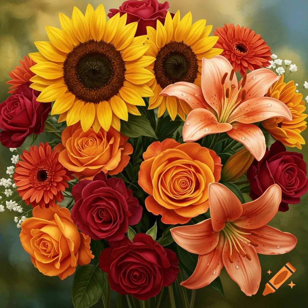 A bouquet of sunflowers, roses, and lilies.