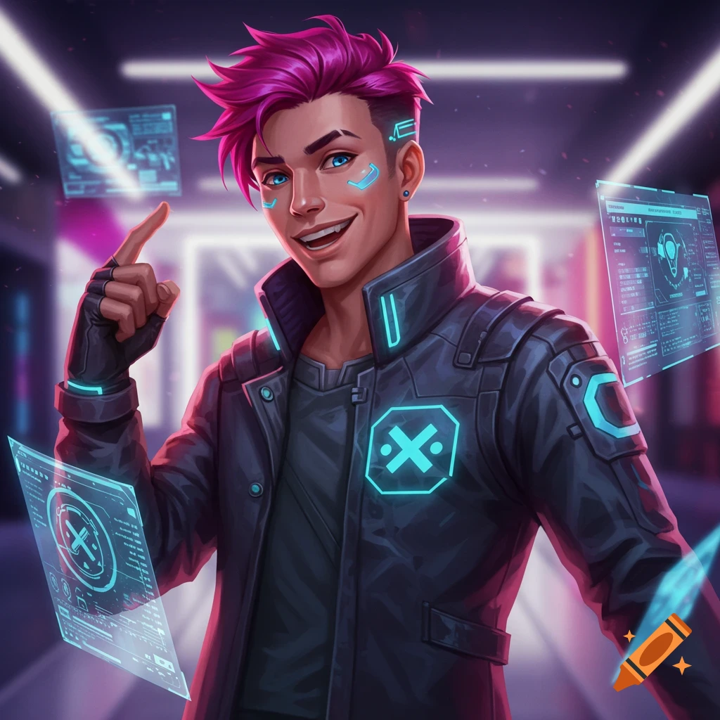 A futuristic person with pink hair and glowing eyes in a black jacket, surrounded by holographic screens.
