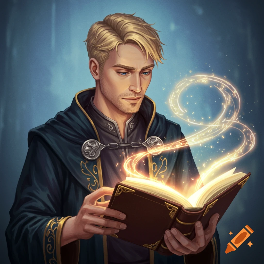 A blonde wizard in dark robes reading a glowing magic book.