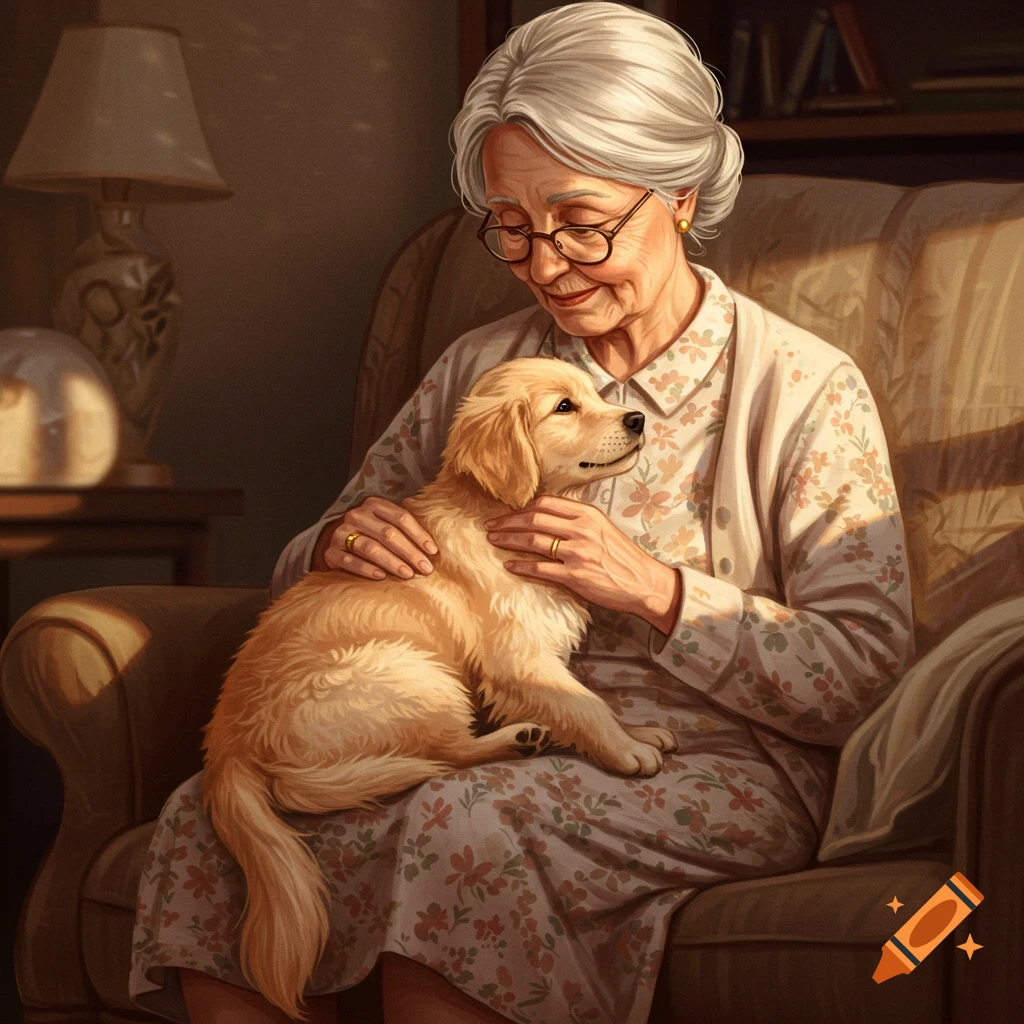An elderly woman sits in a chair, cradling a golden retriever puppy.
