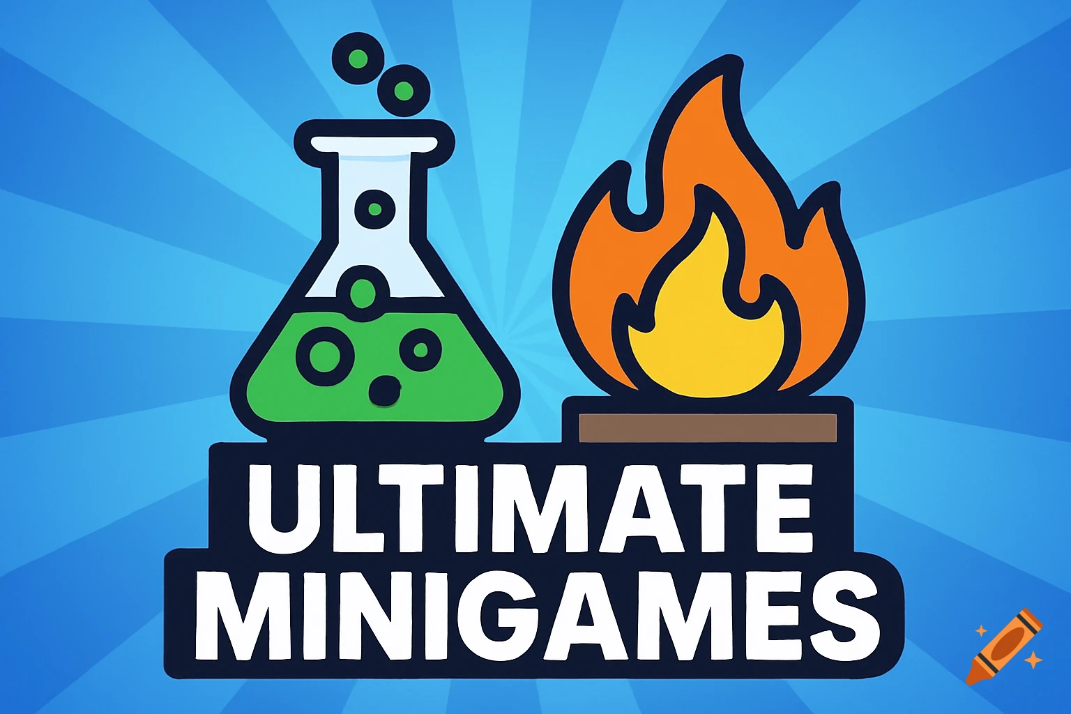 Vector illustration of a science flask and a flame with the text "Ultimate Minigames" on a blue background.