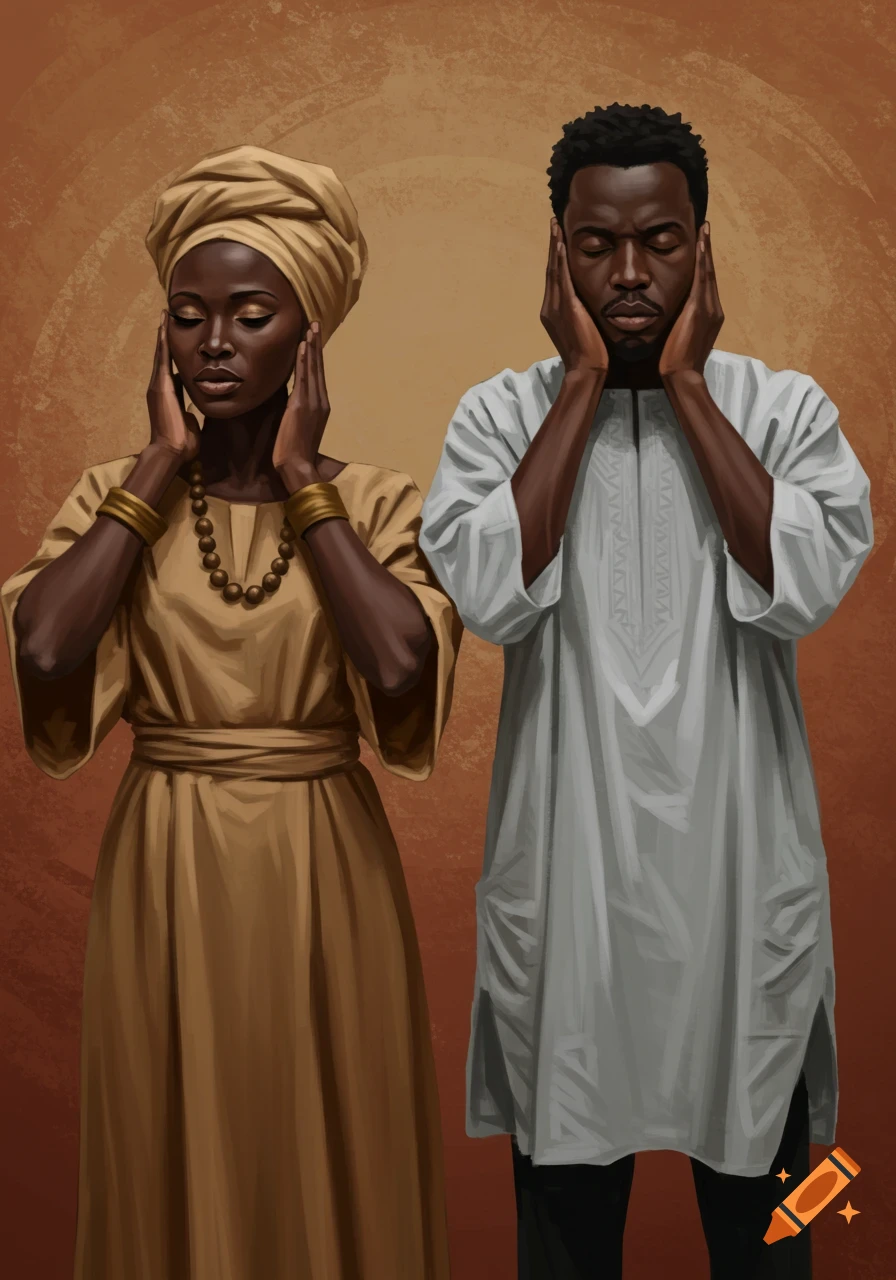 A Black woman and man are covering their ears with their eyes closed. They are wearing tan and gray tunics.