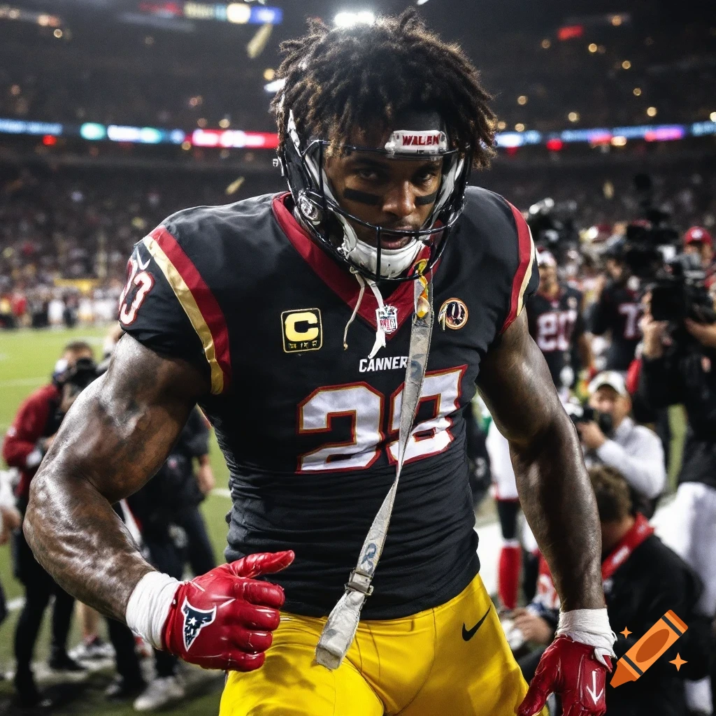 Photorealistic image of a football player celebrating in a stadium after a game.