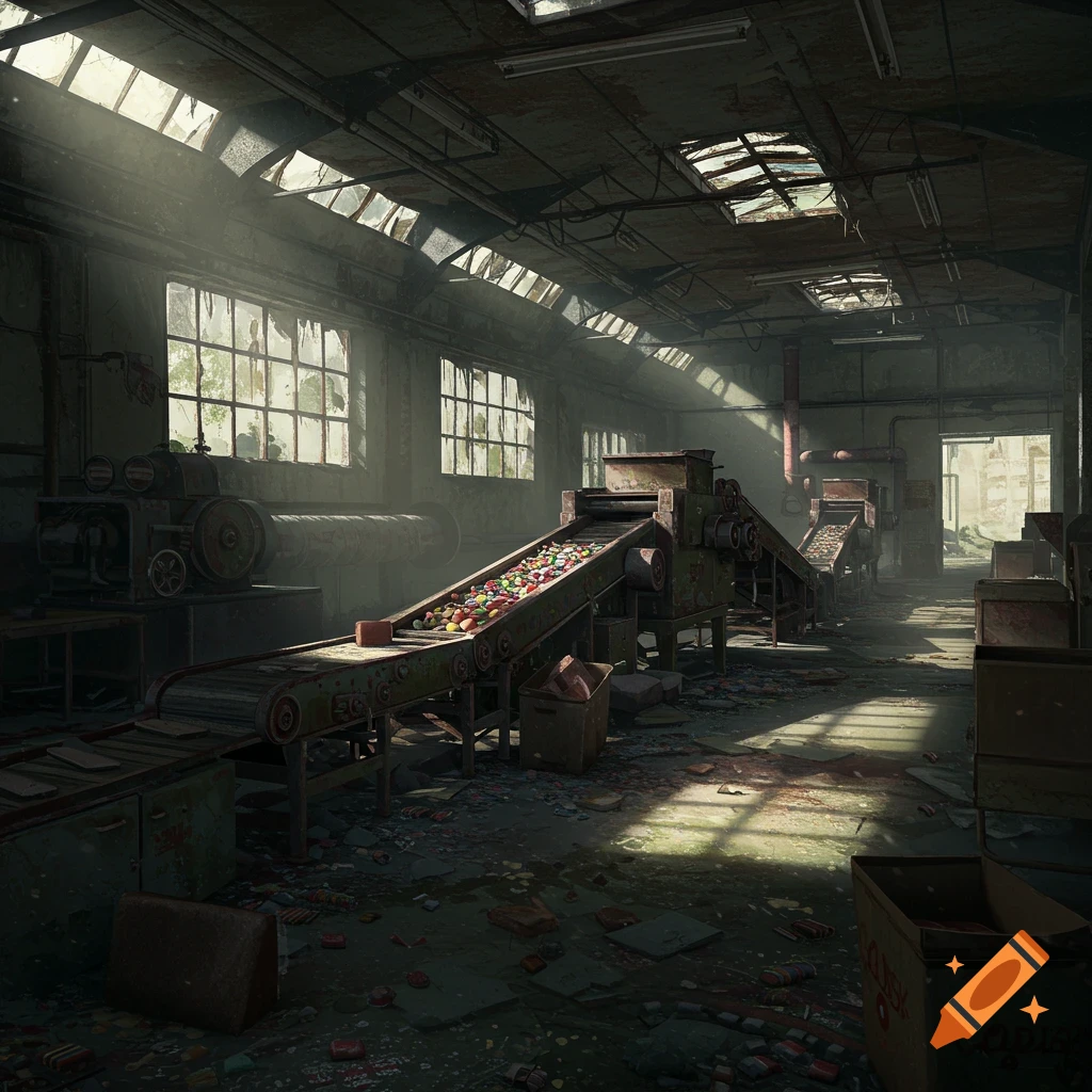 Interior of a ruined candy factory with debris, abandoned machinery, and conveyor belts under sunlight streaming through broken windows.