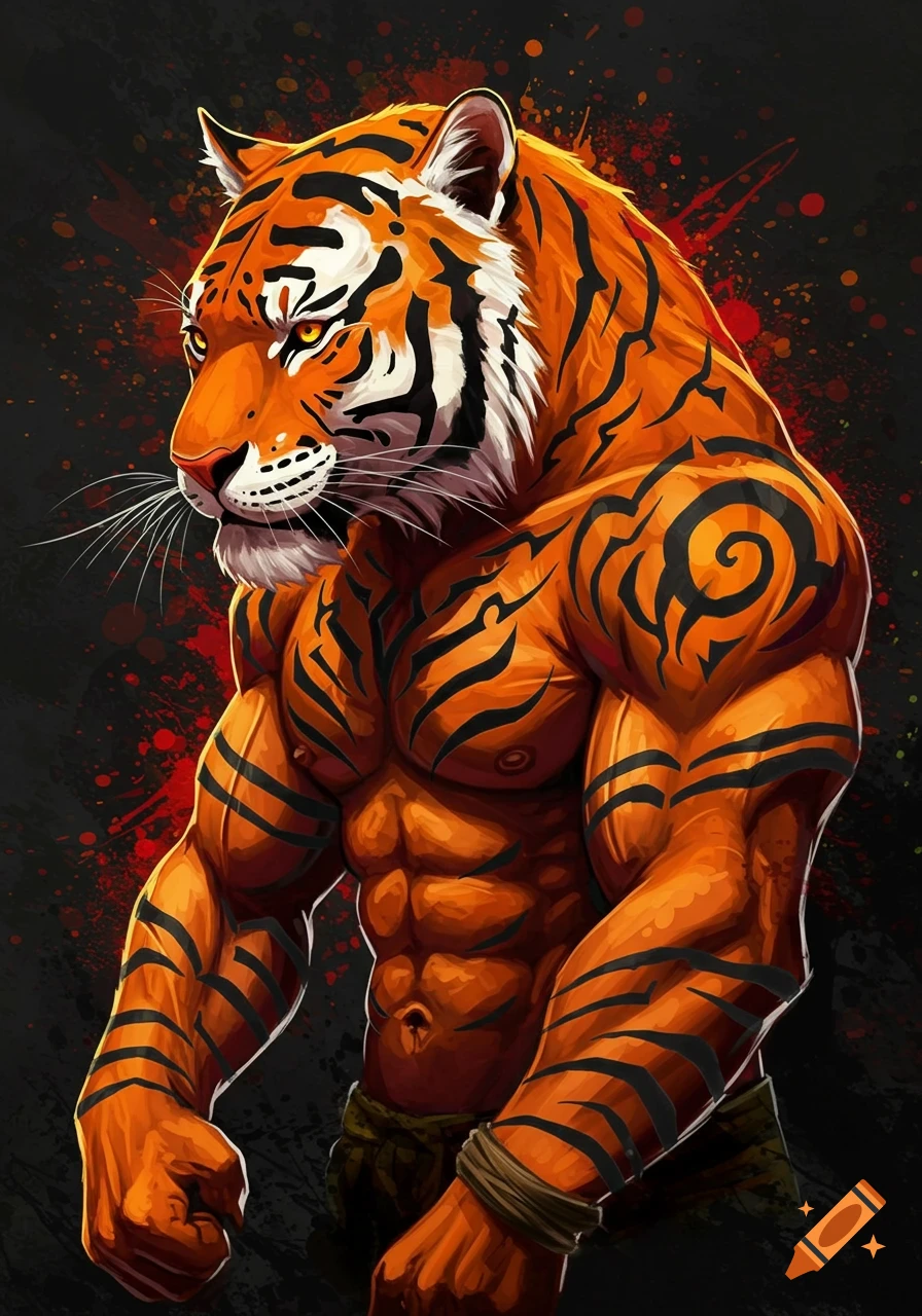 A muscular tiger with tribal tattoos against a dark background with red paint splashes.