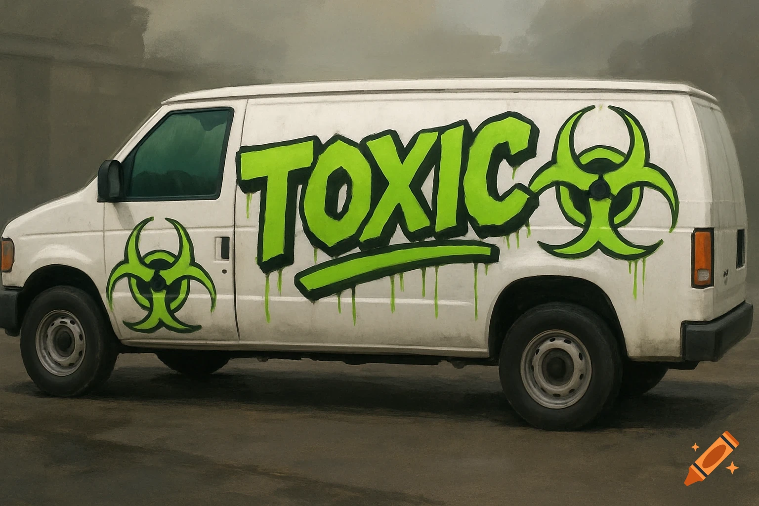 White van with green TOXIC graffiti and biohazard symbols.