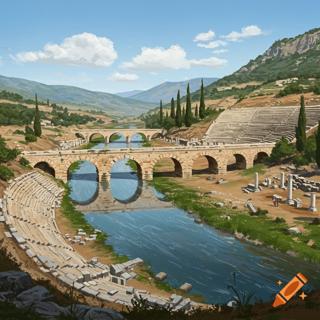 Ancient ruins with bridges over a river, a theater, and cypress trees in a valley landscape.