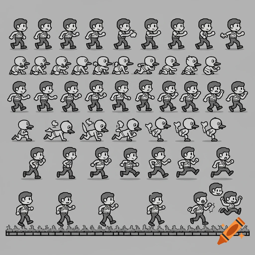 Monochromatic 16-bit style character sprite sheet showing walking, ducking, running, and jumping animations.