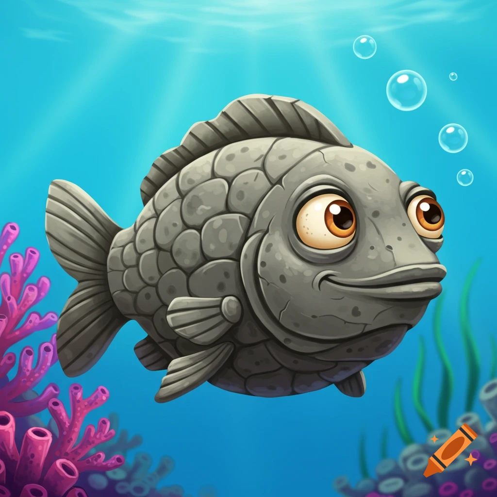 A cartoon-style fish made of stone swims underwater among coral.