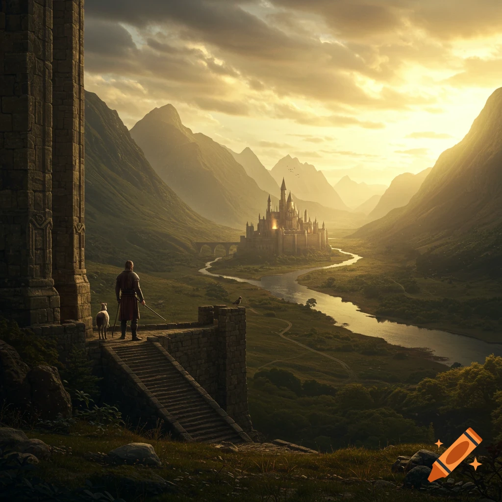 Knight and dog look towards a castle in a valley at sunset.