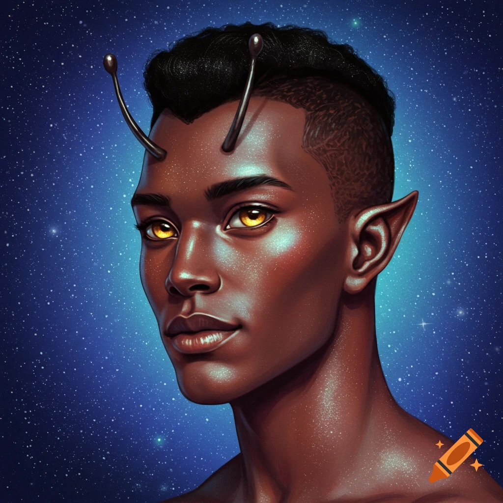 Portrait of a male alien with antennae, pointed ears, and glowing eyes against a starry blue background.