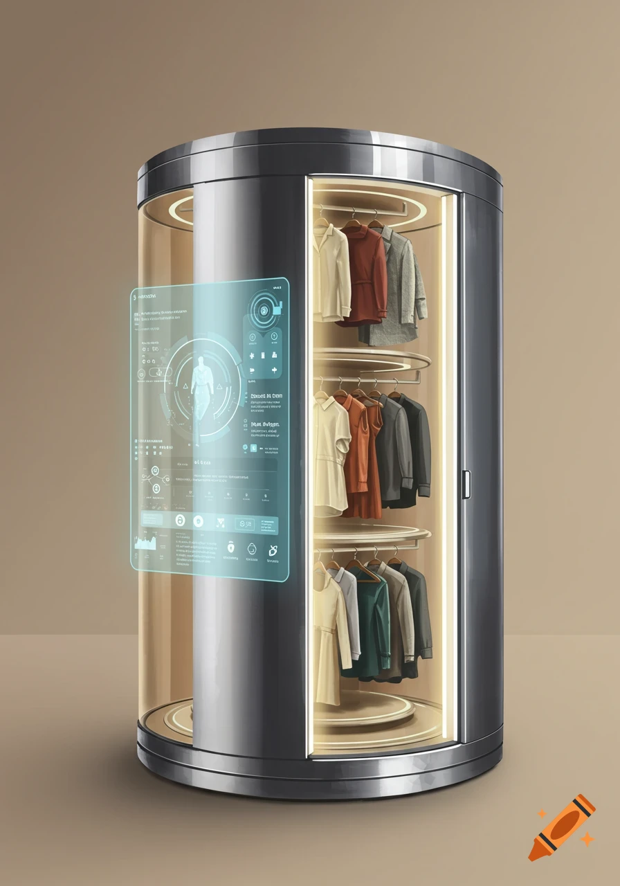 A futuristic rotating closet with a holographic screen and clothes inside.