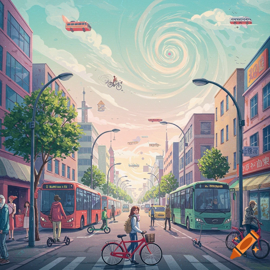 A busy city street scene with people, buses, bikes, scooters, and flying vehicles under a swirling sky.