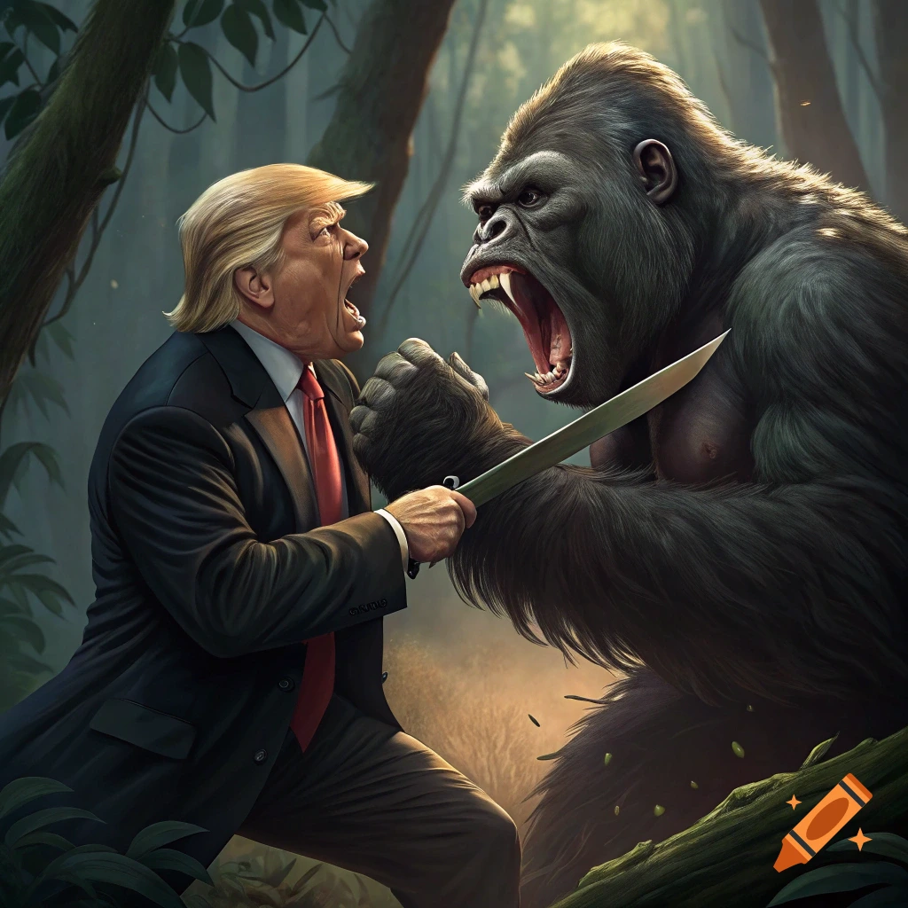 Donald Trump fights an angry gorilla with a knife in a jungle.