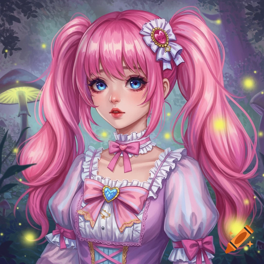 An anime girl with pink pigtails in a fantasy forest with glowing mushrooms.