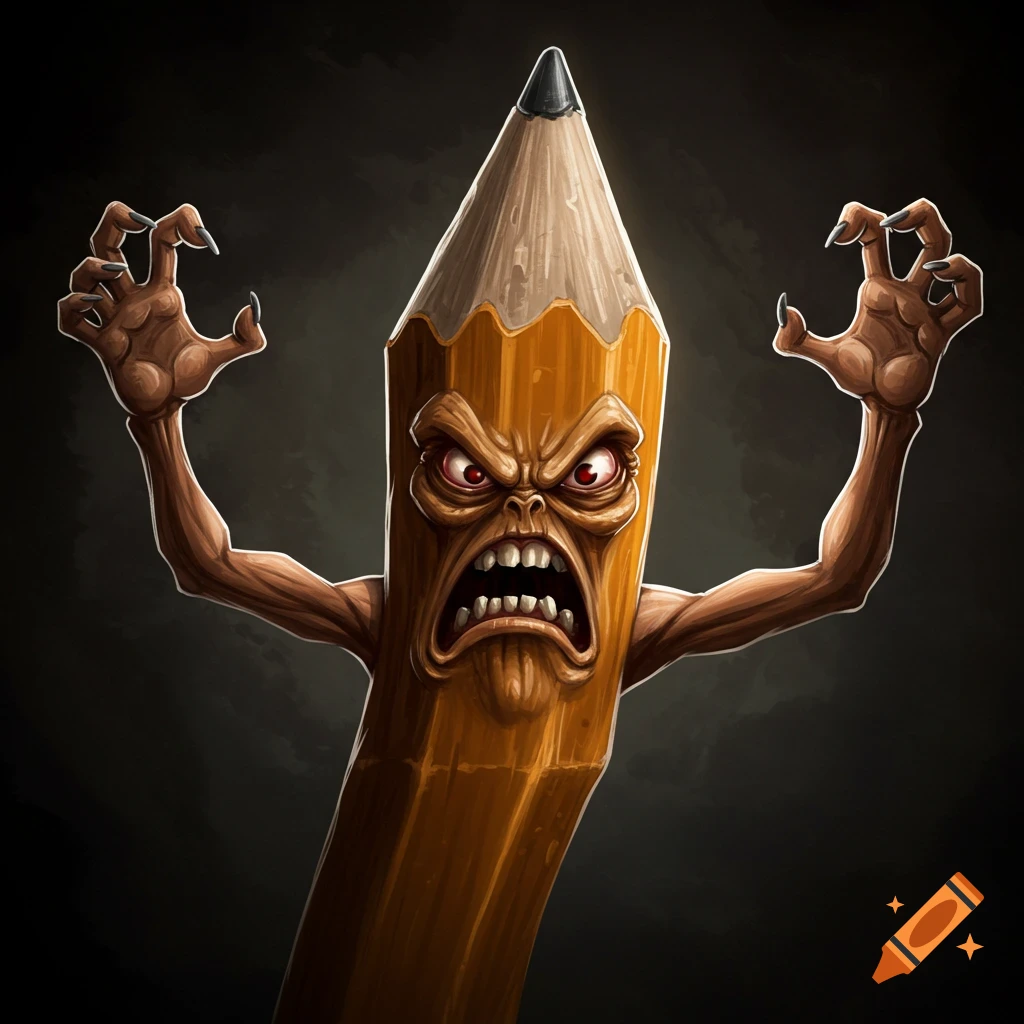 An evil, angry pencil character with arms raised.