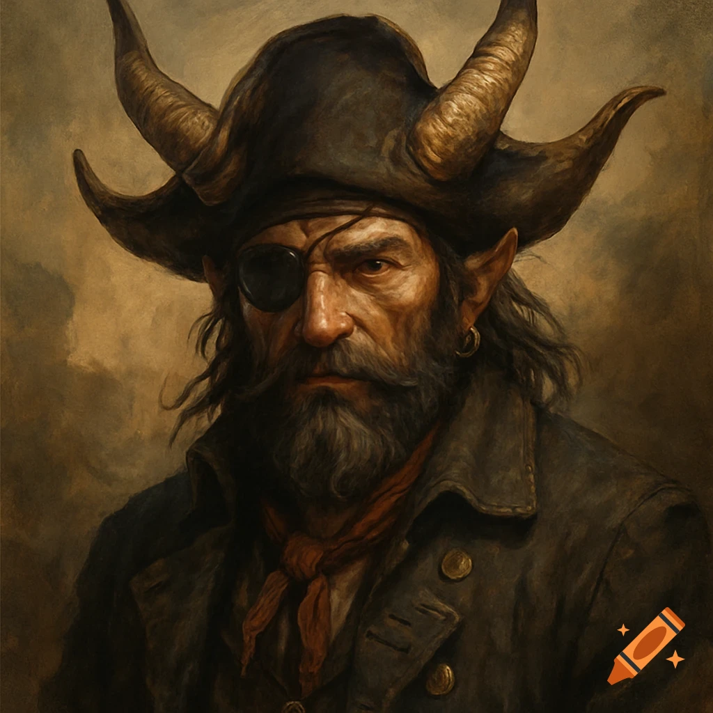 A detailed portrait of a pirate with horns, an eye patch, and elf ears.
