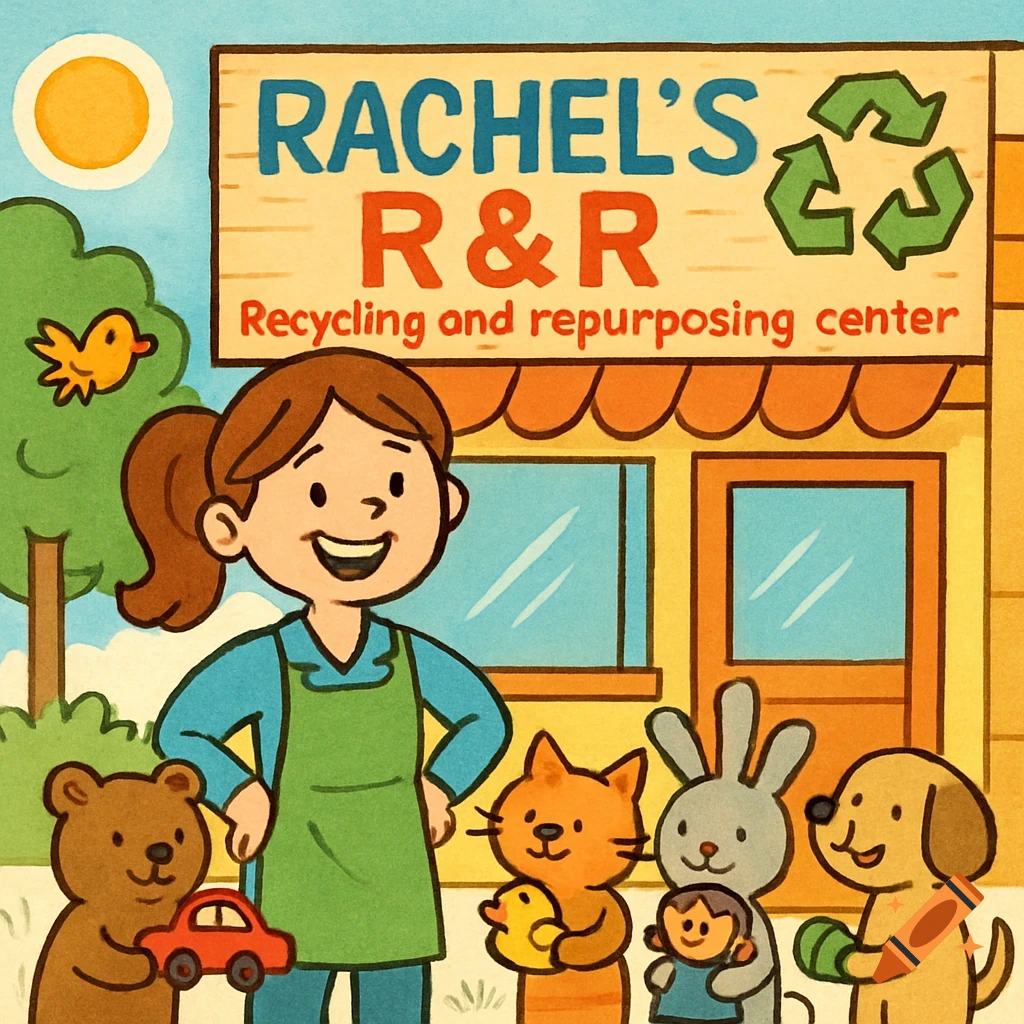 A cheerful cartoon woman with cartoon animals (bear, cat, rabbit, dog) in front of a toy recycling shop with a sign. Childlike cartoon style.
