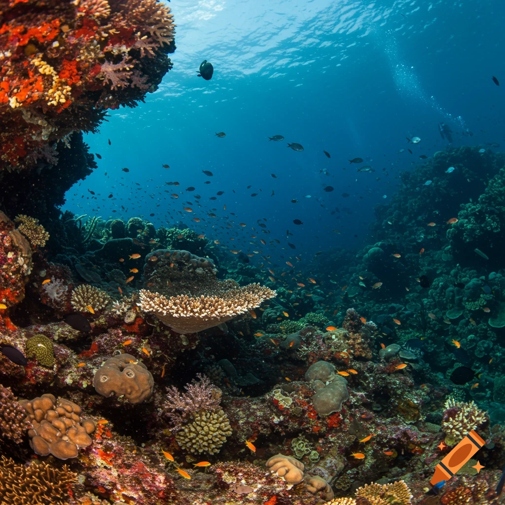 Underwater photo of a vibrant coral reef with many small fish swimming among the coral branches.