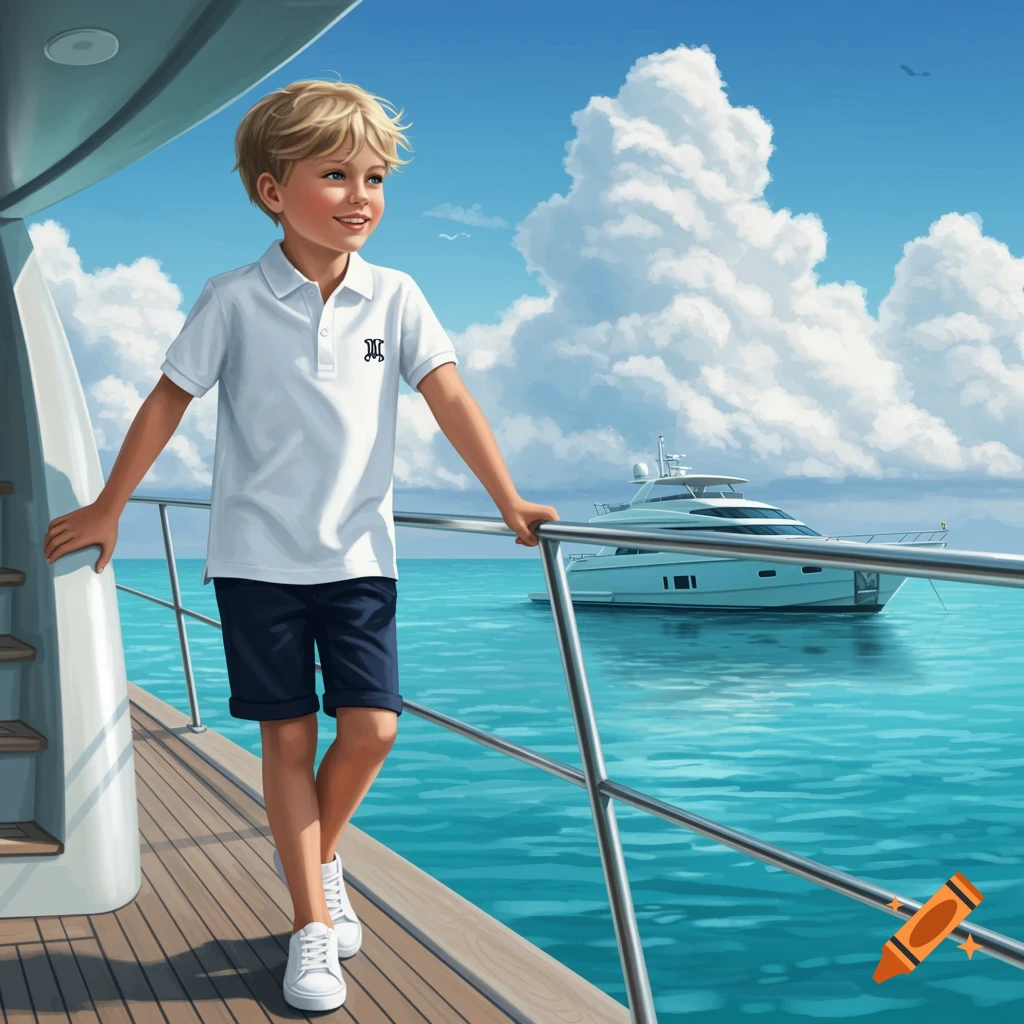 A boy in a white polo and navy shorts is on a yacht, looking at the sea.