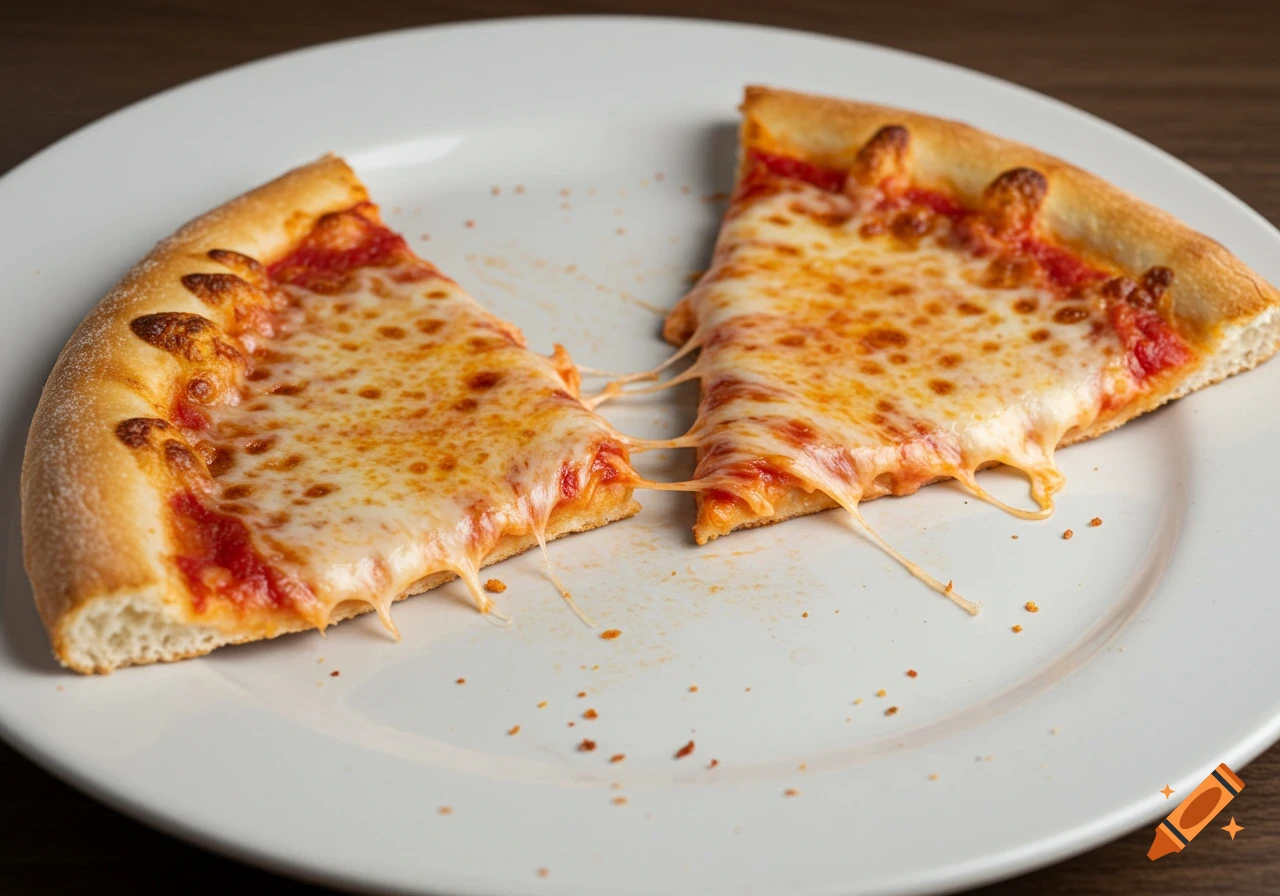 Two slices of cheese pizza on a white plate with melted cheese pull.