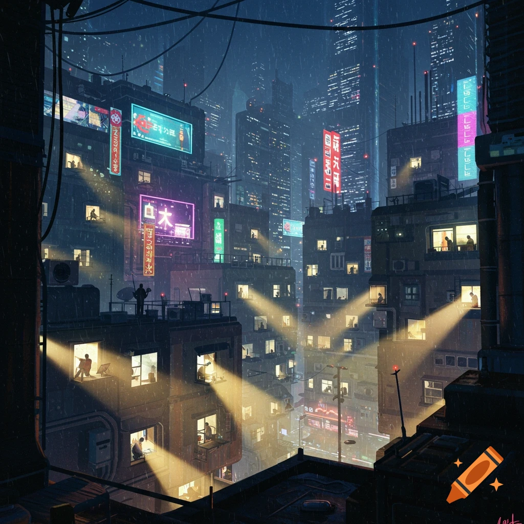 A rainy cyberpunk city at night with bright neon signs and lights visible from building windows.
