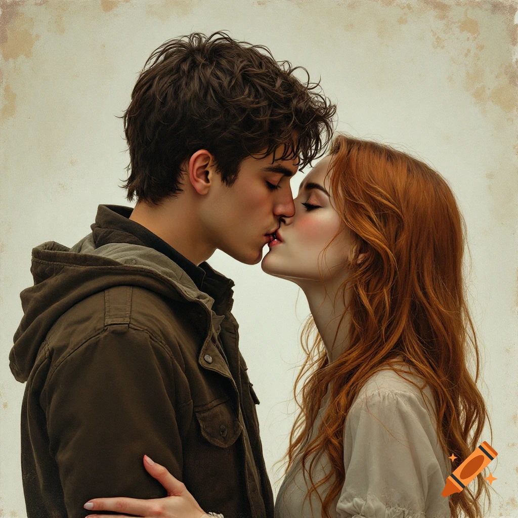 Close-up of a young man and woman kissing.