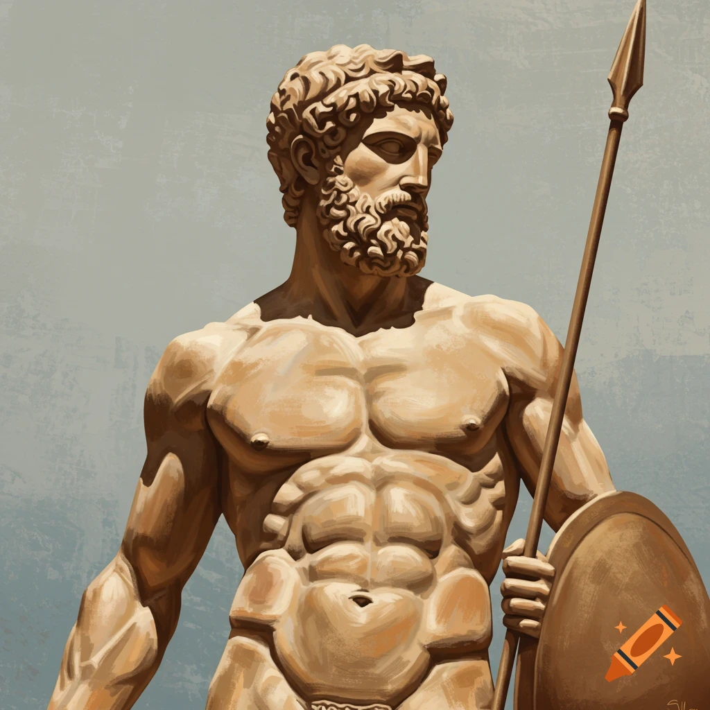 A muscular Greek statue holding a spear and shield.