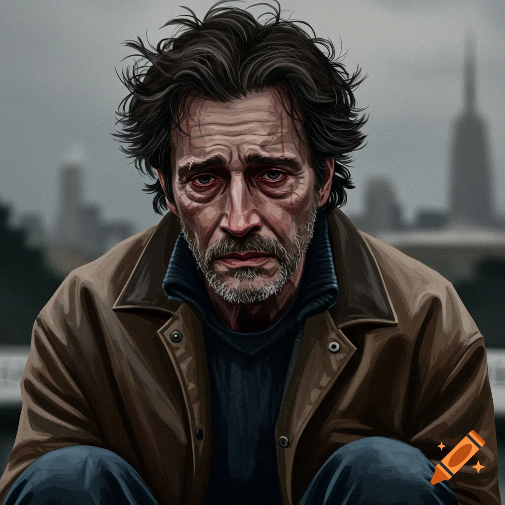 A sad man with messy hair and beard in a brown jacket.