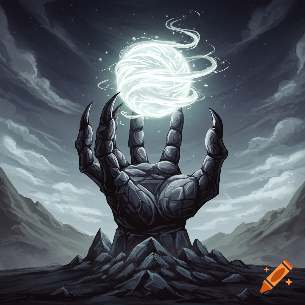Giant obsidian dragon claw hand emerging from the ground holding a swirling sphere of light under a dark sky.