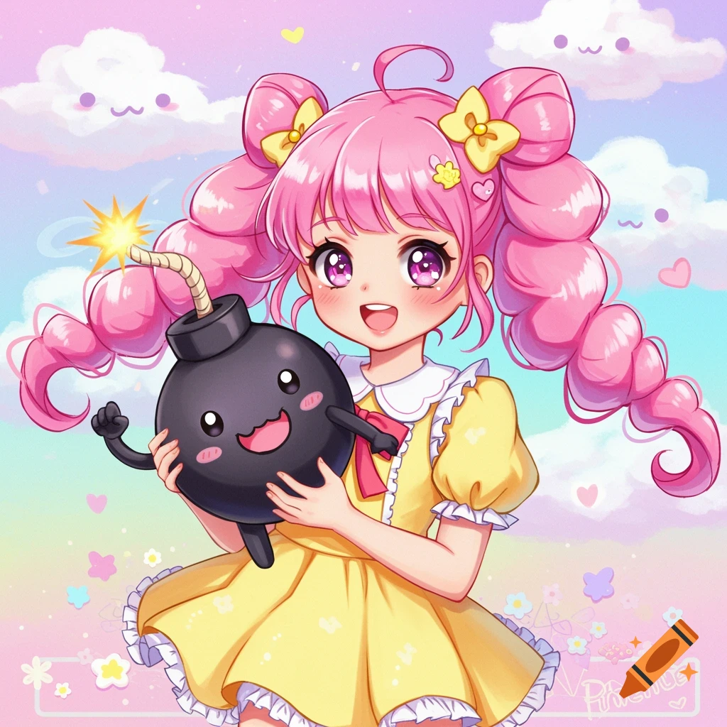 A cute anime girl with pink pigtails in a yellow dress holds a smiling cartoon bomb against a pastel sky.
