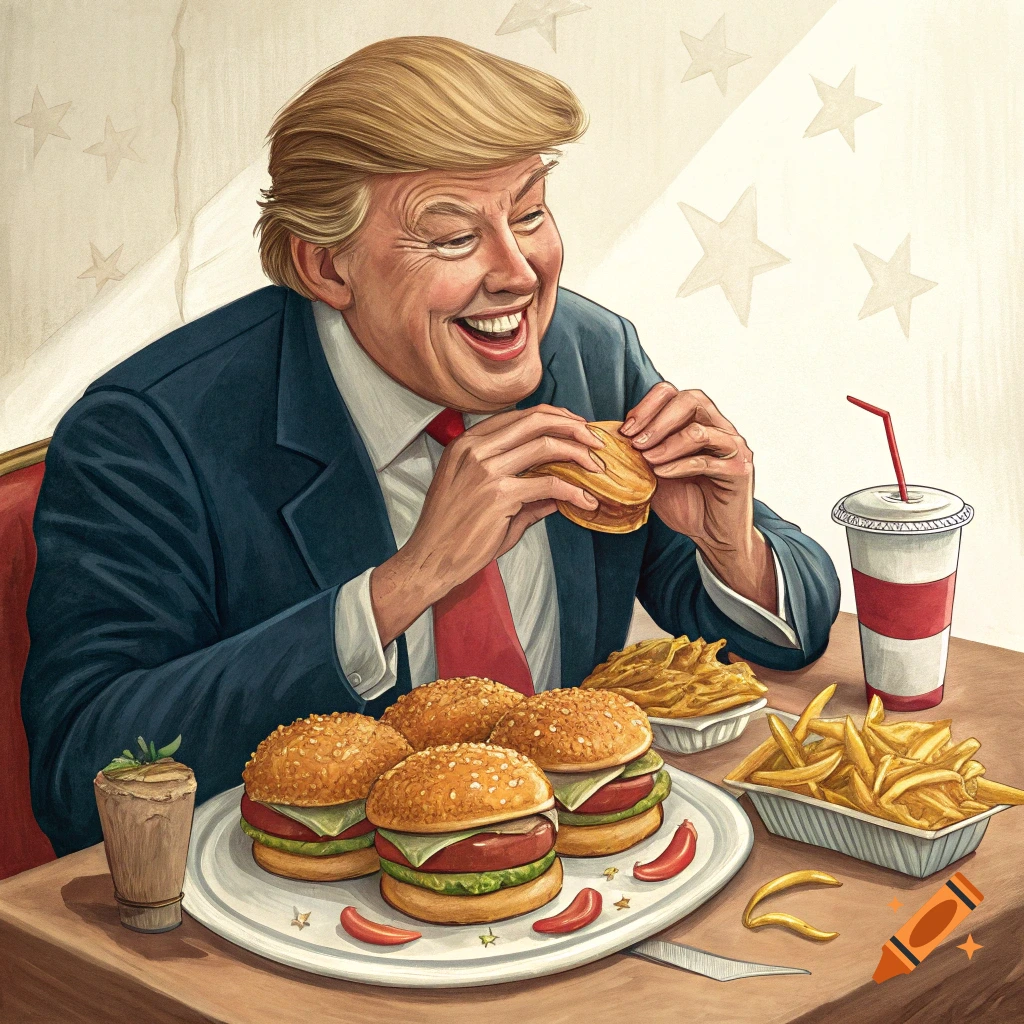 Illustration of Donald Trump happily eating a hamburger at a table filled with burgers, fries, and a drink.