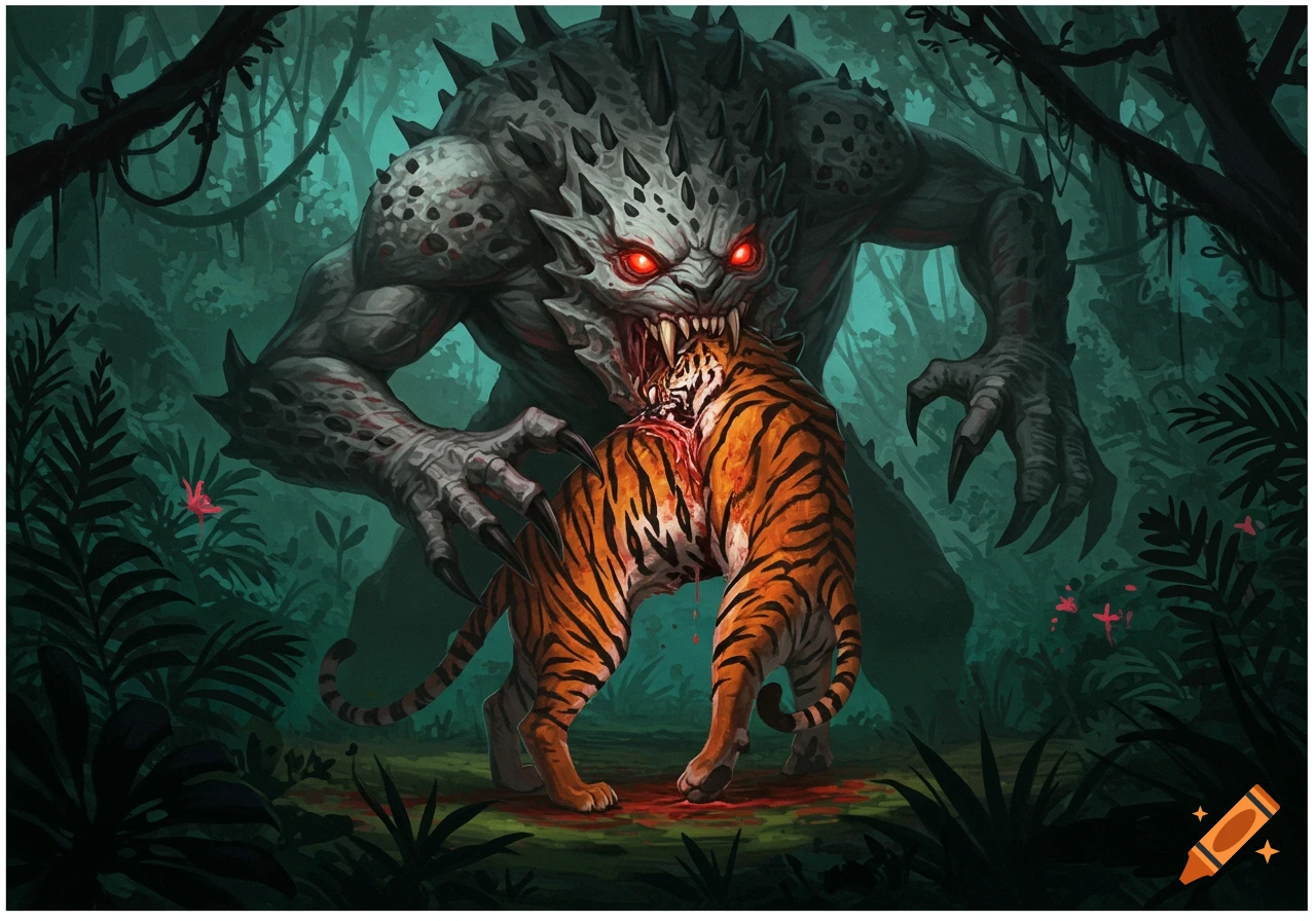 A large monster eats a tiger in a jungle.