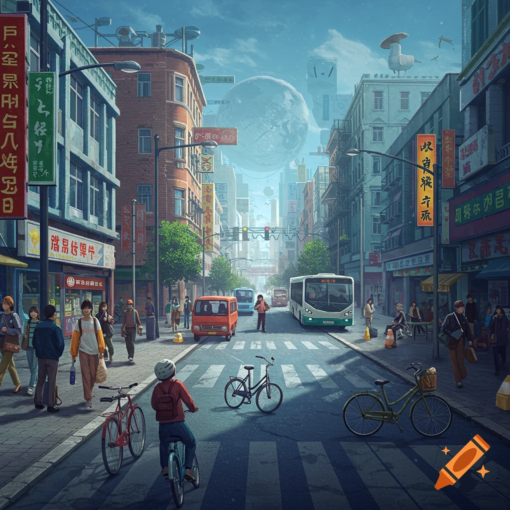 A futuristic city street scene with buildings, signs, people, cars, buses, and bicycles under a large sphere in the sky.
