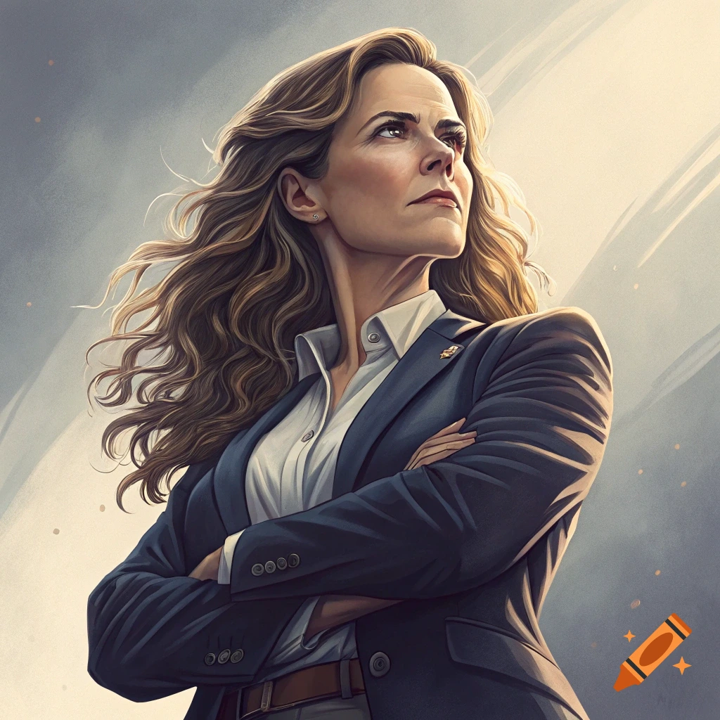 Illustrative portrait of a woman in a suit with arms crossed looking up