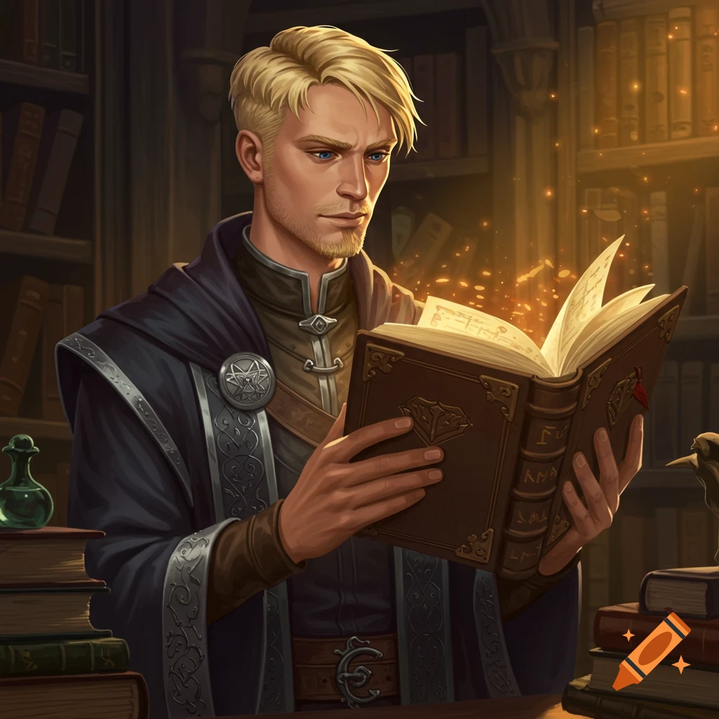 Blonde wizard in robes reads a glowing book in a library