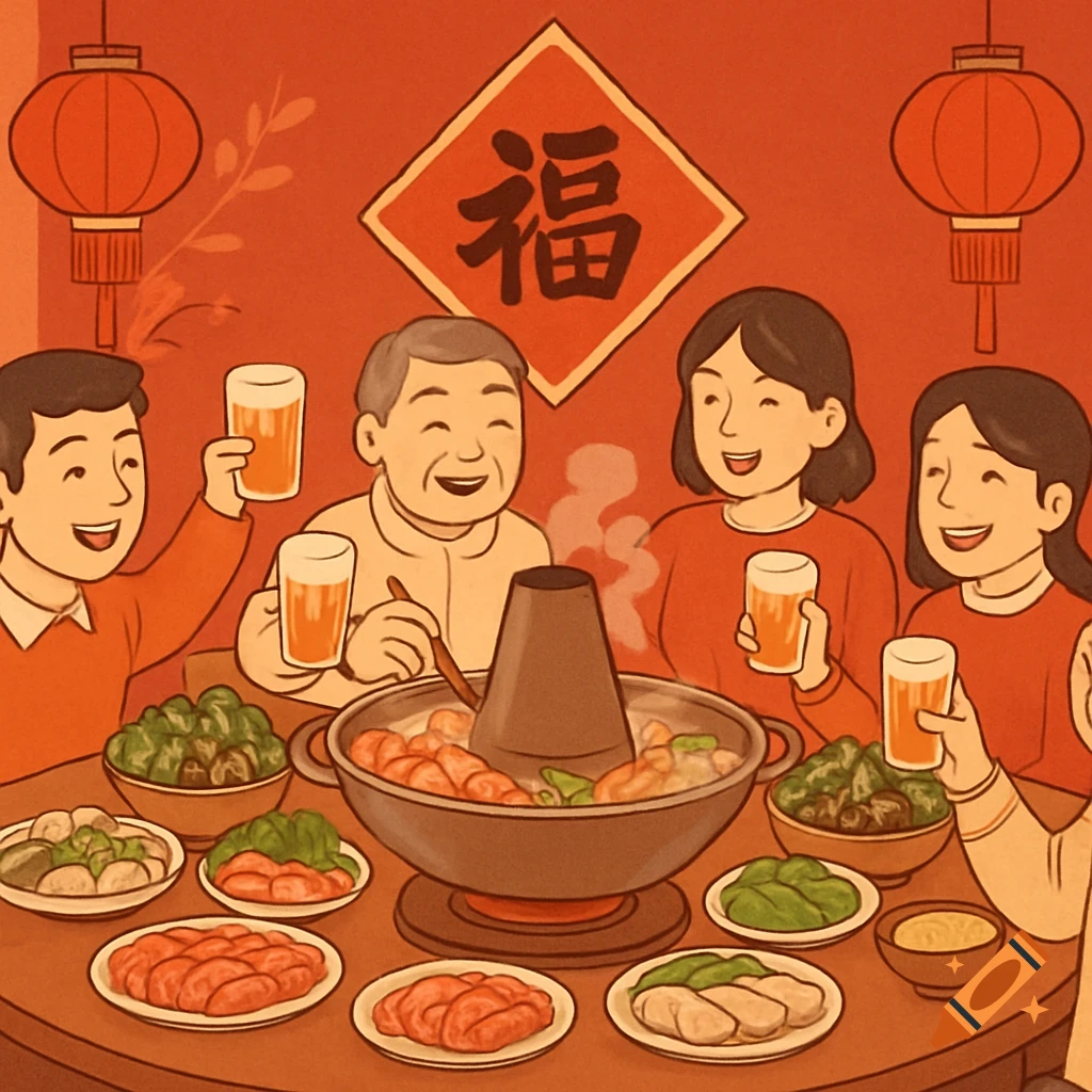 Cartoon illustration of a family eating hotpot around a table with lanterns and a Chinese 'Fortune' character on the wall.