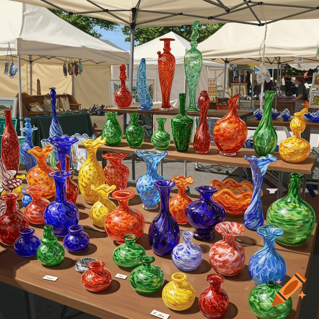 Colorful glass vases displayed on tables at an outdoor art fair.