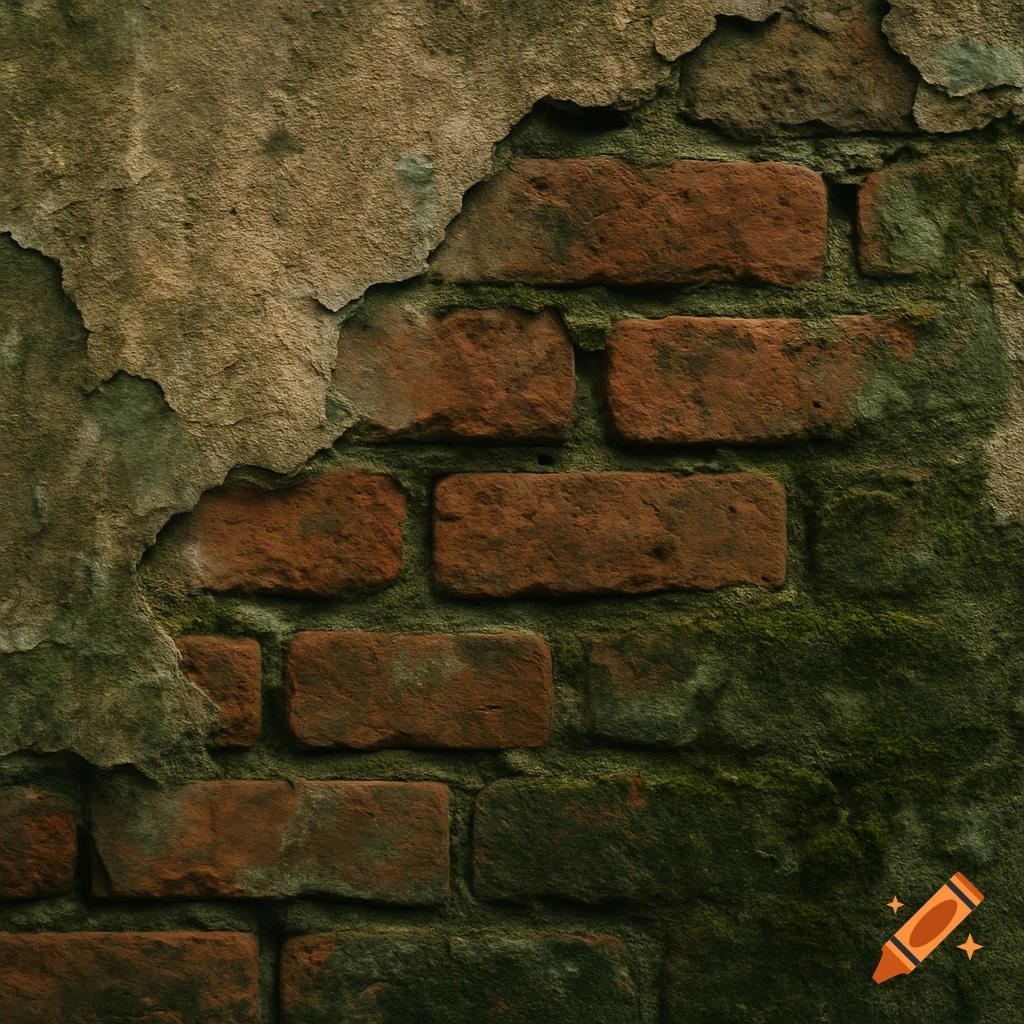 Close-up of an old brick wall with peeling plaster and moss.