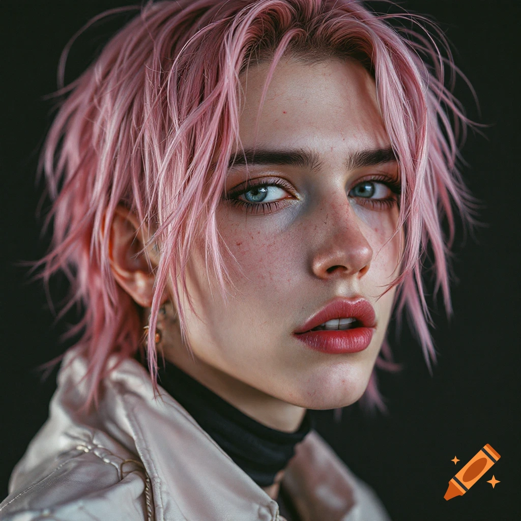 Hyperrealistic portrait of a person with short pink hair and blue eyes