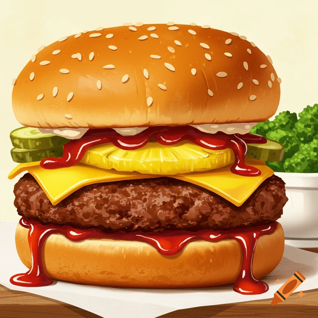 A hamburger with pineapple, pickles, and ketchup, with broccoli in the background.
