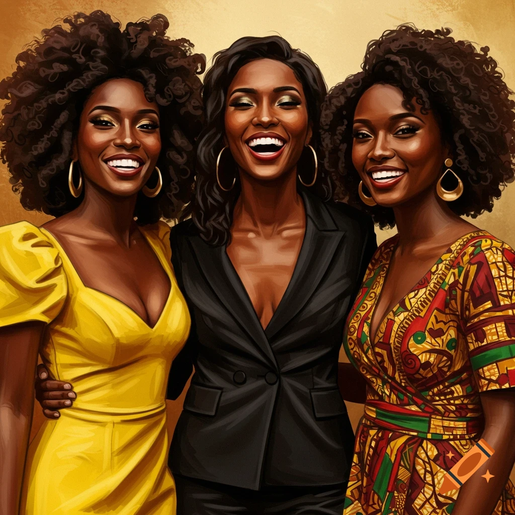 A group of three smiling Black women. One woman is wearing a yellow dress, another is wearing a black suit, and the third is wearing a patterned dress.
