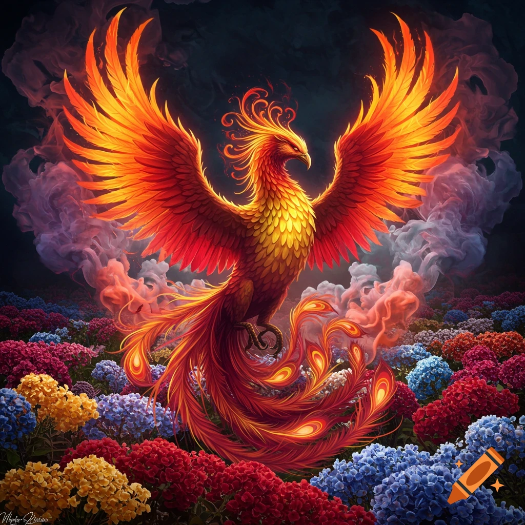 A vibrant image of a fiery phoenix rising from smoke above a field of colorful flowers.